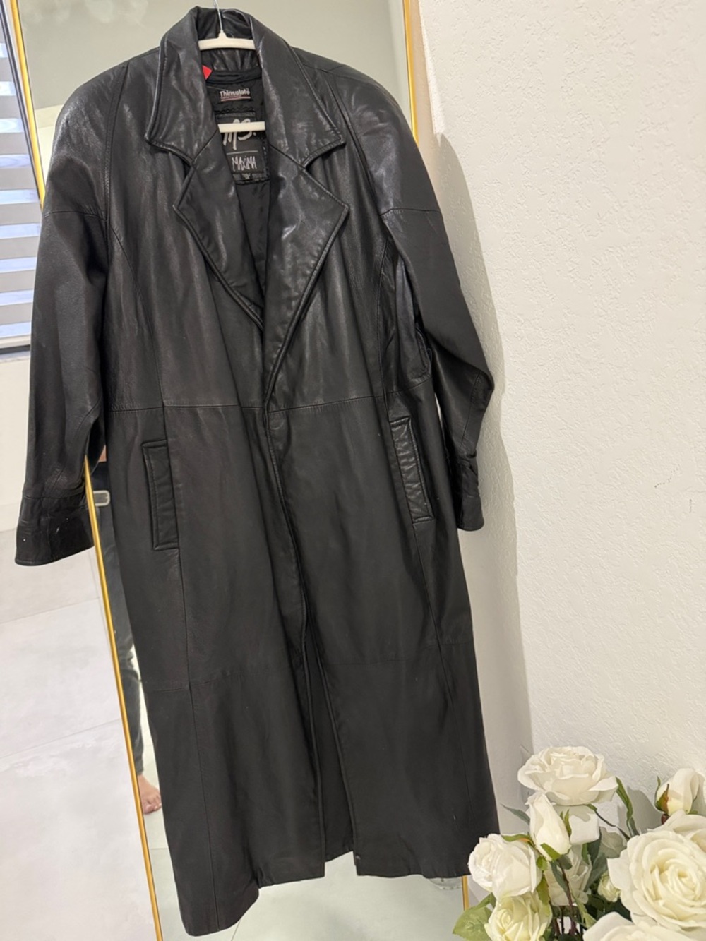 Vintage Wilsons Leather MS. MAXIMA Black Leather Long Trench Coat-Thinsul. Lined